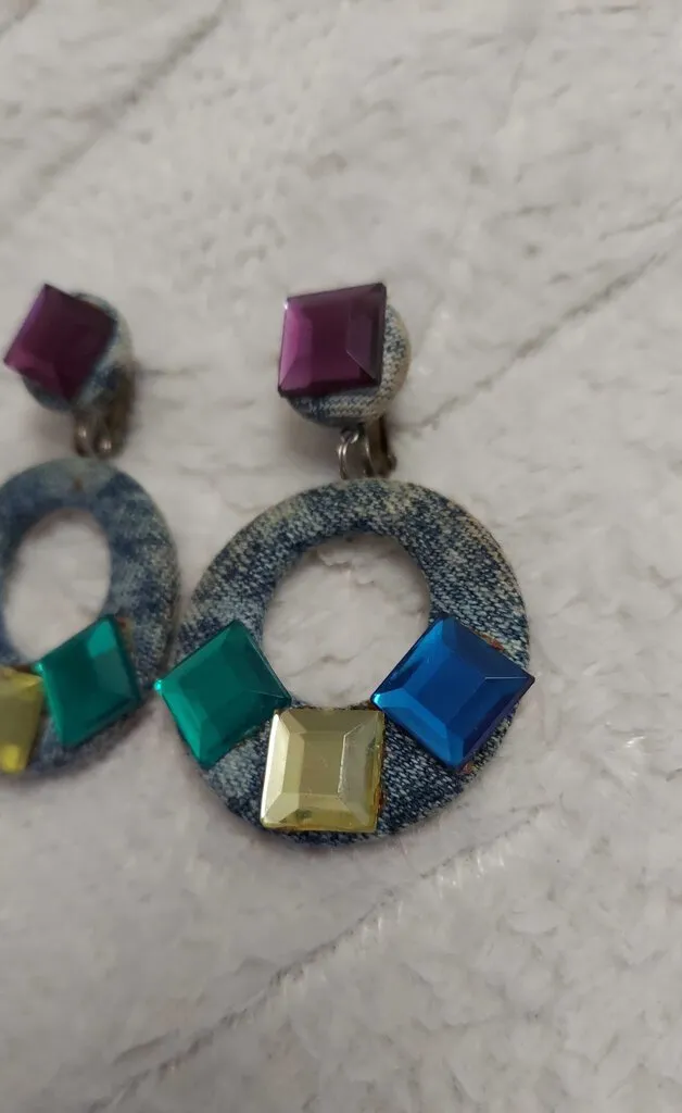 1980s Denim Chunky Jeweled Stud Earrings - FIRM
