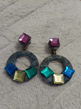 1980s Denim Chunky Jeweled Stud Earrings - FIRM
