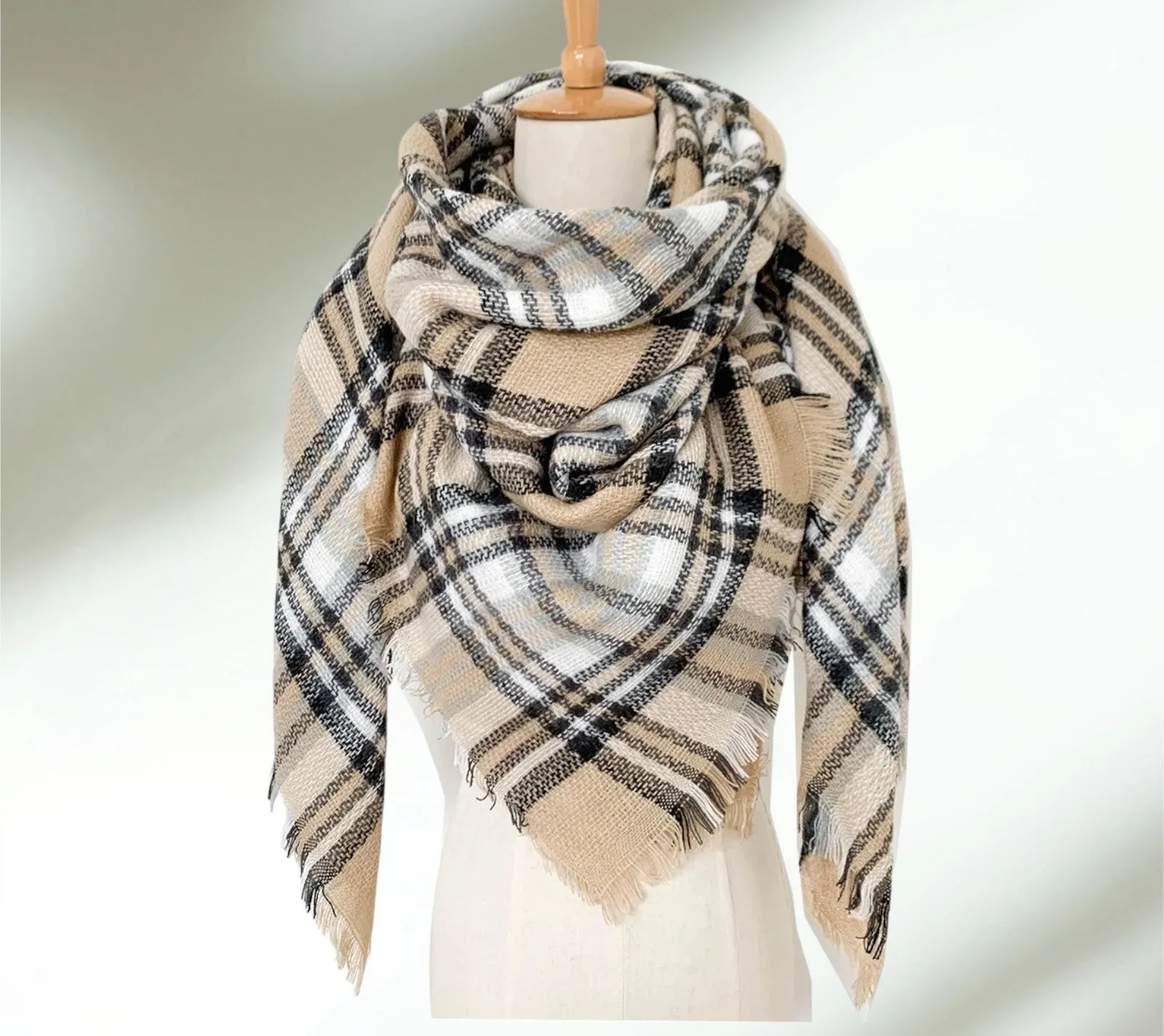 Beige Black and White Winter Scarf for Women/ Plaid Chunky Cozy Oversized Scarf for Women