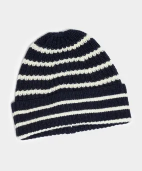 Drake's Lambswool Stripe Beanie in Navy