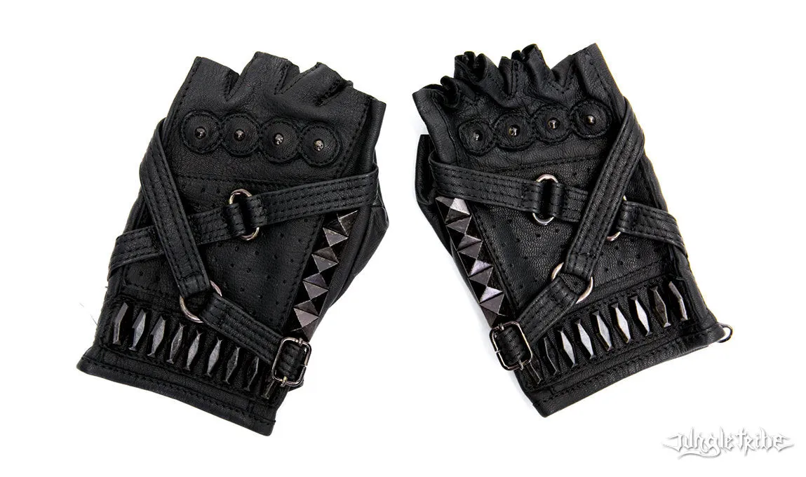 FURY ROAD Leather Fingerless Strapped Goat Skin Unisex Driving Gloves