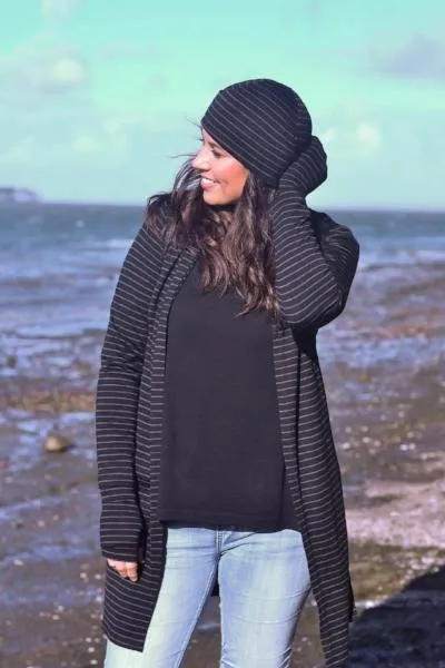 MERINO WOOL FINGERLESS GLOVES WOMENS STRIPE BLACK/GREY