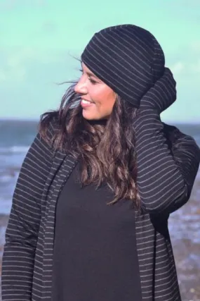 MERINO WOOL FINGERLESS GLOVES WOMENS STRIPE BLACK/GREY