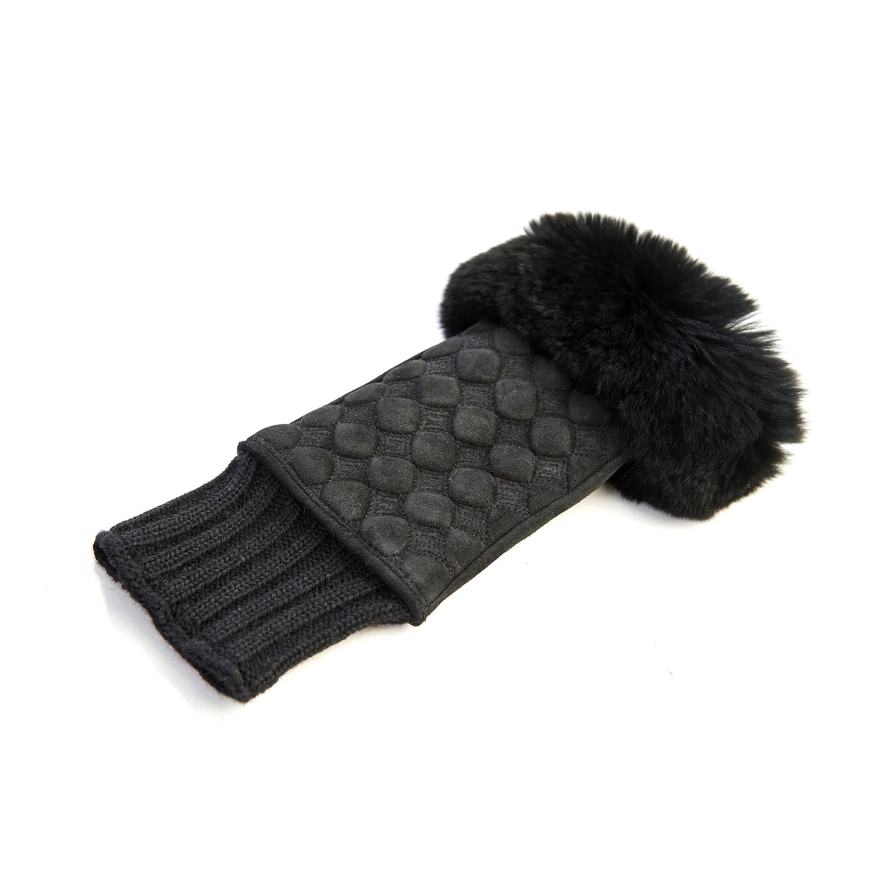 Women's black suede leather fingerless with wool cuff and natural fur on finger tips